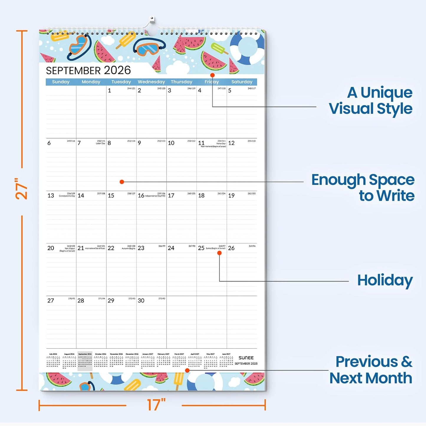 SUNEE 2026 Wall Calendar Large 22.75"x15.5", 21 Month Calendar (Ends December 2027), Vertical Extra Large, Seasons Color