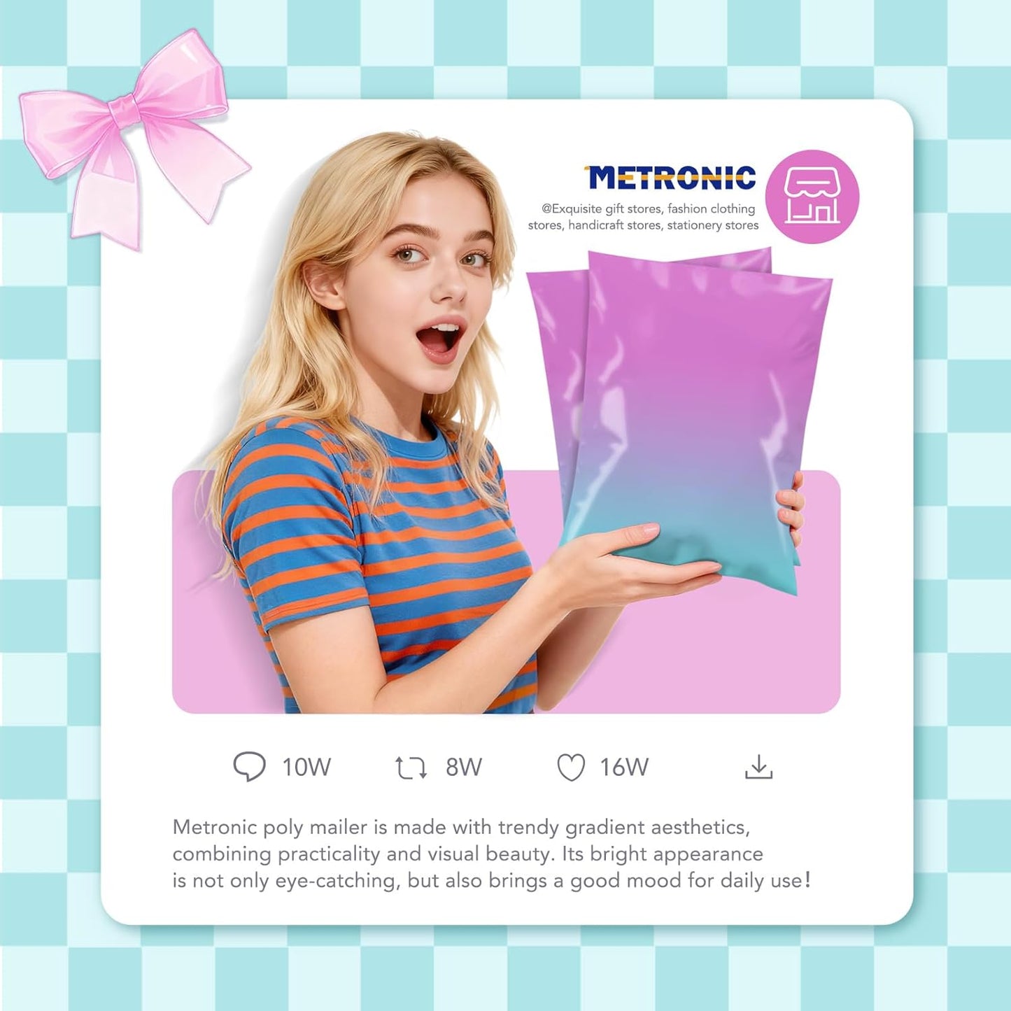 Metronic Cute Poly Mailers 10x13" 50pc Small Shipping Bags, Strong Adhesive Mailers Poly Bags for Business, Waterproof Mailing Envelopes for Packing Shipping Clothes Gifts, Gradient BluePink