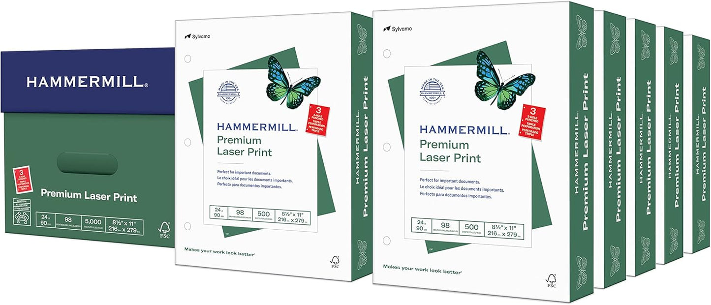 Hammermill Premium Laser Print Paper, 24 lb Copy Paper, 8.5 x 11 Letter Size, 3 Hole - 1 Ream (500 Sheets) - 98 Bright