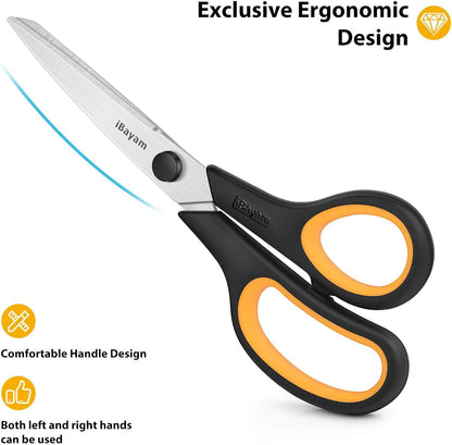 Scissors, iBayam 8" All Purpose Scissors Bulk 3-Pack, Ultra Sharp 2.5mm Thick Blade Shears Comfort-Grip for Aesthetic Fun Cute School Office Teacher Desk Crafts and Art Supplies Accessories Essential