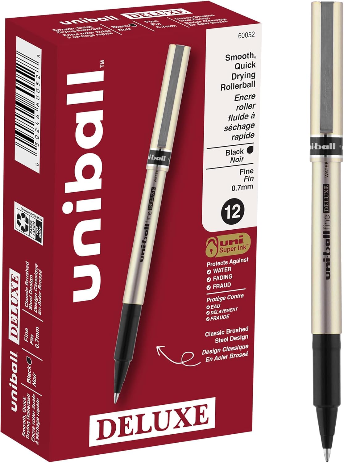 Uni-ball Deluxe Rollerball Pens, Fine Point (0.7mm), Black, 12 Count