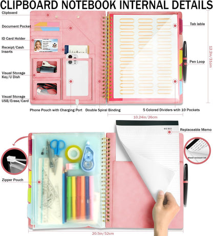 Grey Foldable Spiral Clipboard Folio with Storage Zipper Pouch, 5 Plastic Folders with Pockets,Refillable Lined Notepad (8.5" x 11"), Hardcover Project Organizer with 39 Stickers