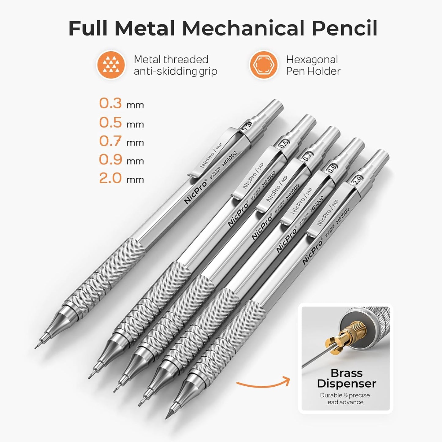 Nicpro Black Art Mechanical Pencil Set, 5PCS Metal Drafting Pencils 0.3, 0.5, 0.7, 0.9 mm & 2mm Graphite Lead Holder For Sketching Drawing With 9 Tubes (4B 2B HB 2H Colors) Lead Refills Erasers Case