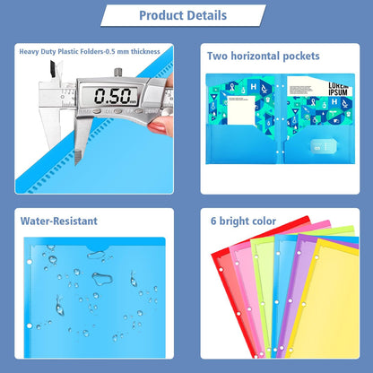 INFUN Heavy Duty Plastic Pocket Folder with Prongs and Clear Front Pocket - 18 Pack, 3 Prong Folders with Pockets and Card Slot, Assorted Colors