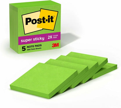 Post-it Super Sticky Notes, 5 Sticky Note Pads, 3 x 3 in., School Supplies, Office Products, for Vertical Surfaces, Monitors, Walls and Windows, First Snow White