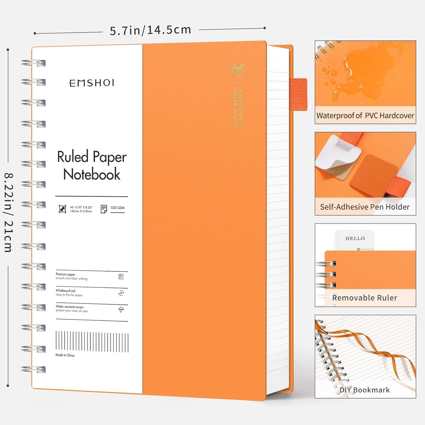 EMSHOI A5 Spiral Notebook College Ruled Lined Journal, Small 5.7" X 8.22", 300 Pages/150 Sheets, 100gsm Thick Paper, Waterproof Hardcover, for Office School Women Men Work Writing Notes, Blue