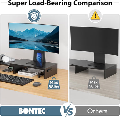BONTEC Dual Monitor Stand Riser with Smartphone Holder, Adjustable Length & Swivel Angle, Ergonomic Wooden Desktop Organizer for PC Monitor, Laptop, Printer, Large Storage, White