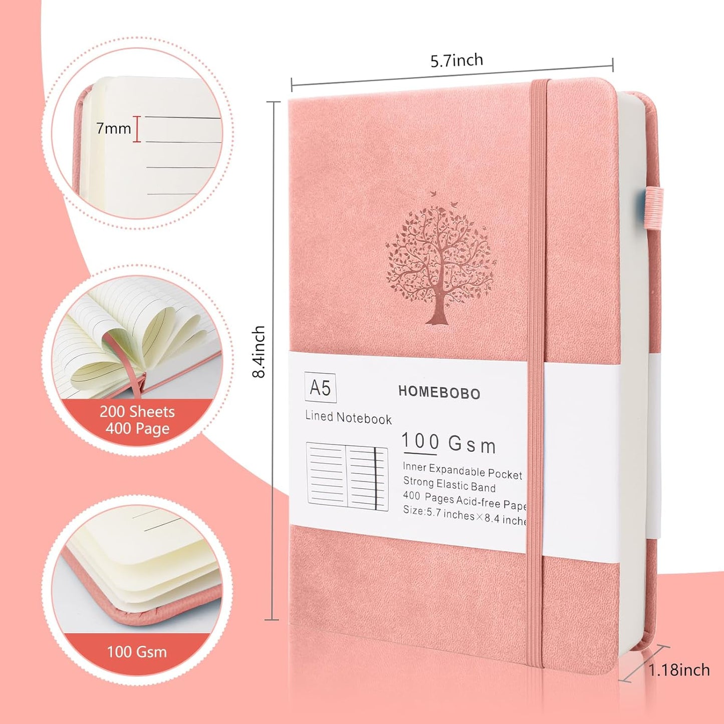 Journals for Writing, A5 Leather Ruled Notebook with 400 Pages, 100 Gms College Ruled Journal with Thick Paper, Hardcover with Inner Pocket & Pen Holder, Dark Green