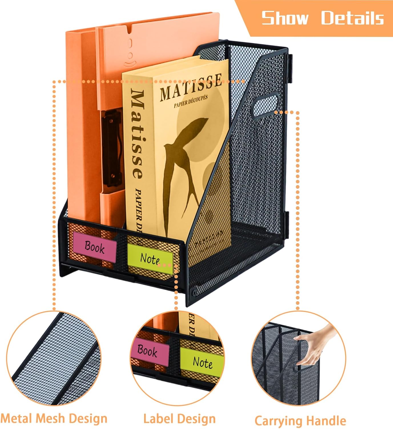 Magazine file holder for desk with 5 Vertical Compartments Folder Storage Binder Organizer for Office Home School Organization, Black