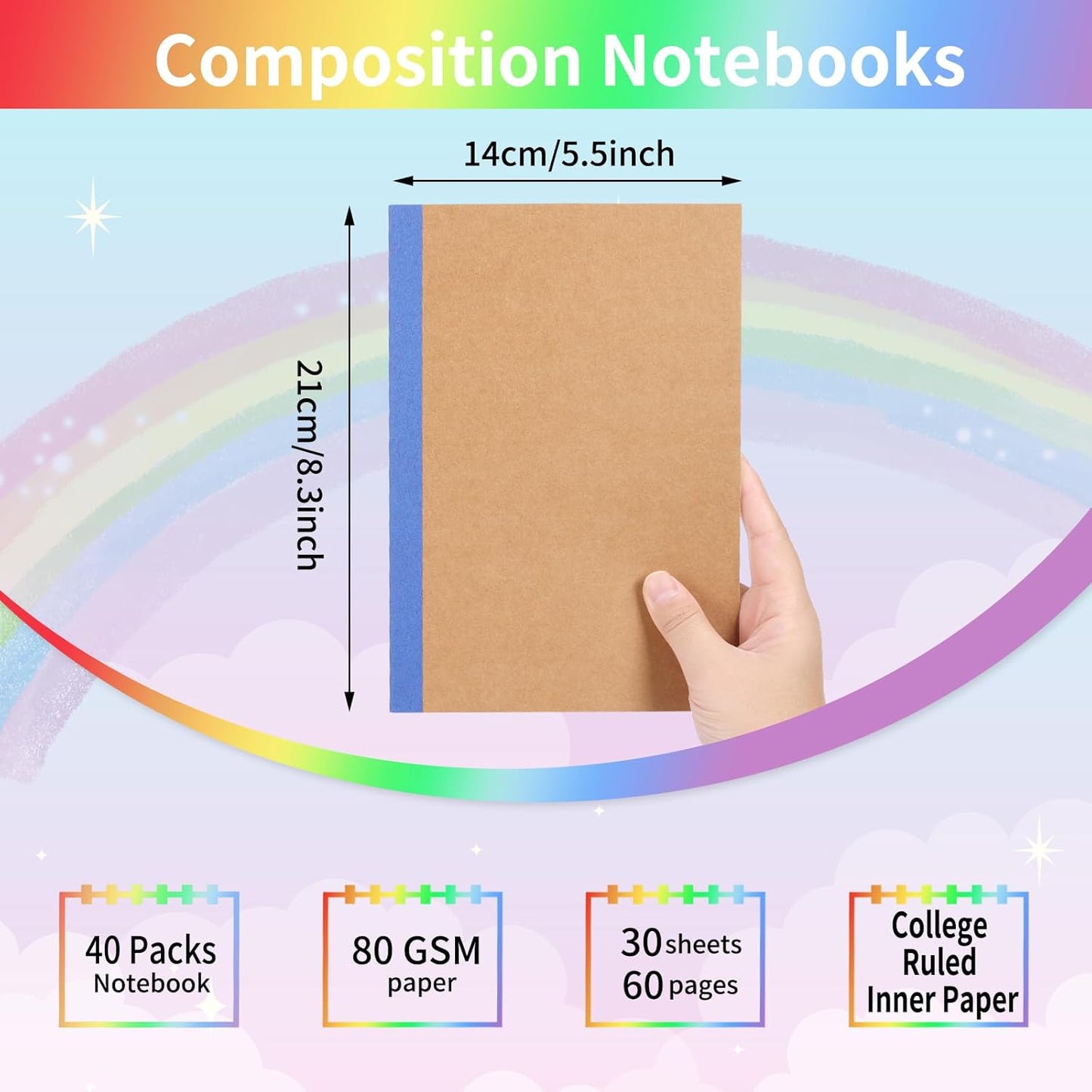 EOOUT 5 Pack A5 Composition Notebook, Kraft Lined Journal Bulk with Pink Spine, 5 Colors, 60 Pages for Women Girls Kids, School Office Supplies