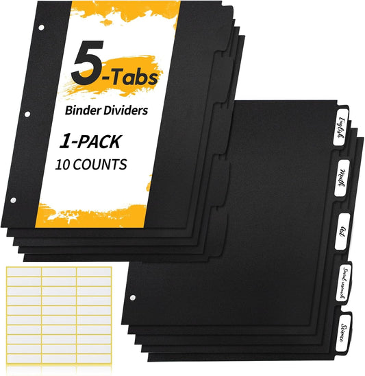 Insertable Dividers for 3 Ring Binders, 5 Tabs per Set, Big Tabs, Binder Dividers with Tabs for School Office and Home Organization, Black, 2 Sets