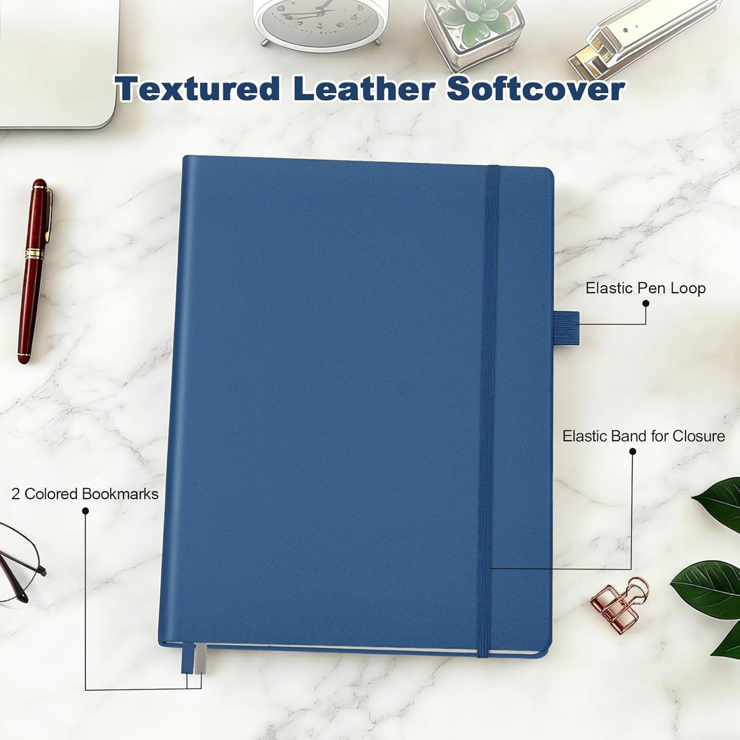 College Ruled Notebook, A4 Softcover Leather Notebook for Work, Lined Notebook Journal for Women, Men, 192 Thick Paper, Lay Flat, Large Notebook with 2 Pockets, Professional Business Notebook, Blue