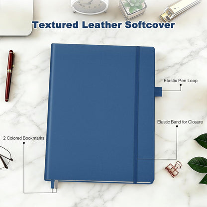 College Ruled Notebook, A4 Softcover Leather Notebook for Work, Lined Notebook Journal for Women, Men, 192 Thick Paper, Lay Flat, Large Notebook with 2 Pockets, Professional Business Notebook, Blue