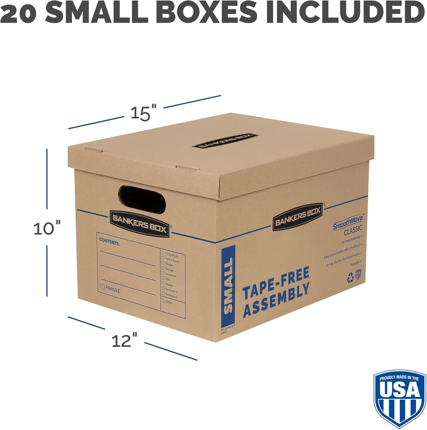 Bankers Box Small Classic Moving Box, 10-Pack, Reinforced Handles, Tape-Free Assembly, 15 x 12 x 10 Inches (7714901)