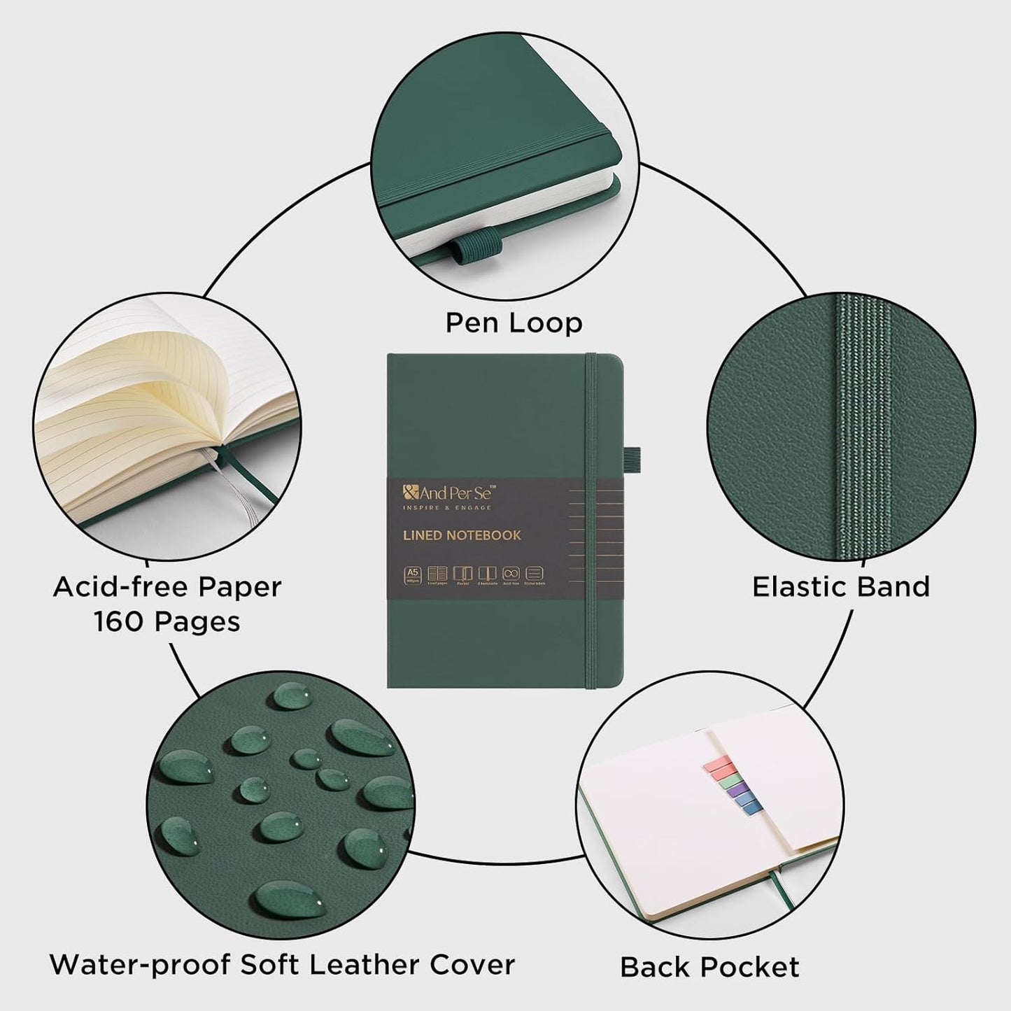 &And Per Se Lined Journal Notebook, 160 Pages, A5 5.7 x 8 inches College Ruled Thick Paper Notebook Journals for Writing, Hardcover Notebooks for Women Men Office School (1 Pack, Green) - Colors B