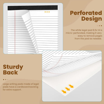 Legal Pads 8.5 x 14 Note Pads, 6 Pack Writing Pads Wide Ruled Notepads, Micro Perforated Notepad, Double-Side Printed Lined Paper Pads 30 Sheets per Notepad, White Legal Pads for Home, Office, School