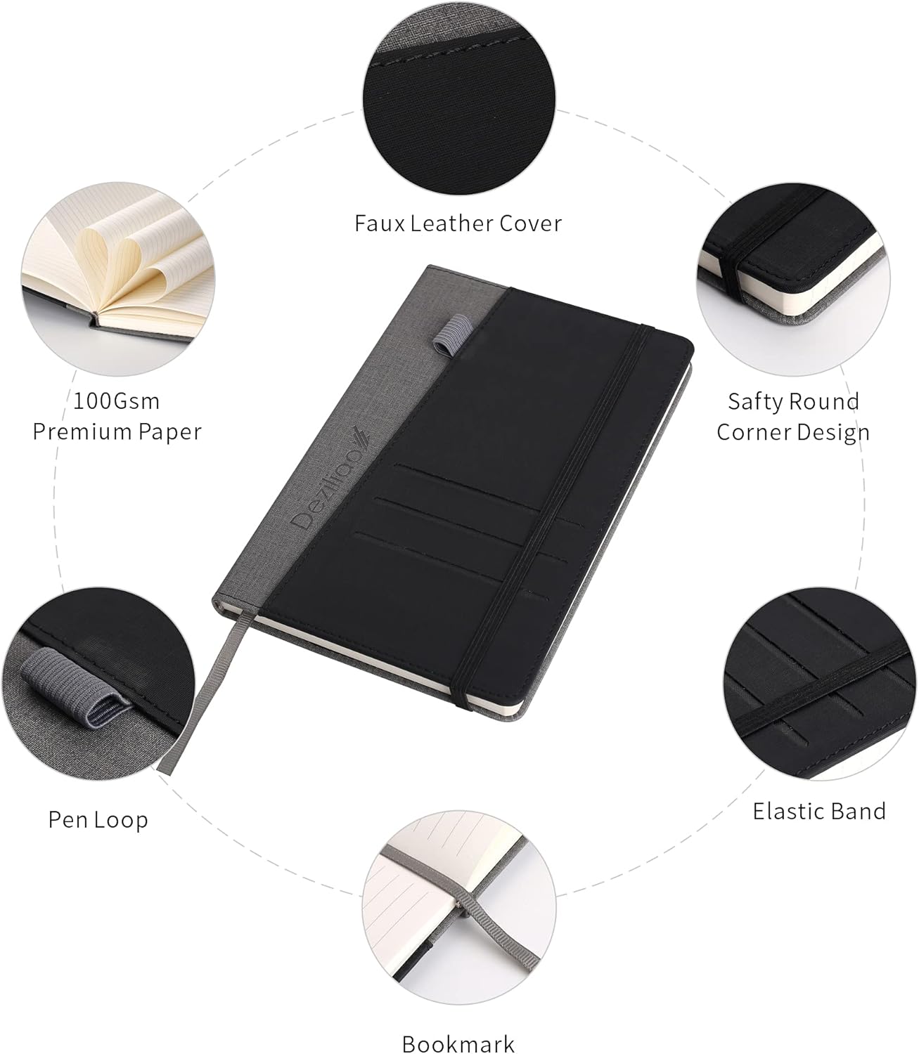 Deziliao Lined Journal Notebooks with Pen Loop, Hardcover Notebook Journal for Work, 100Gsm Premium Thick Paper with Inner Pocket, Medium 5.7"x8.4", （Black, Ruled）
