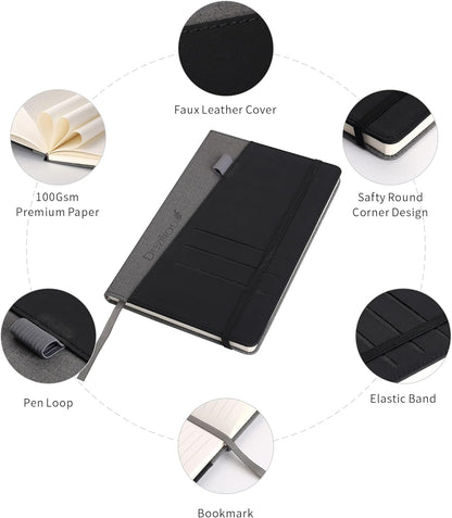 Deziliao Lined Journal Notebooks with Pen Loop, Hardcover Notebook Journal for Work, 100Gsm Premium Thick Paper with Inner Pocket, Medium 5.7"x8.4", （Black, Ruled）