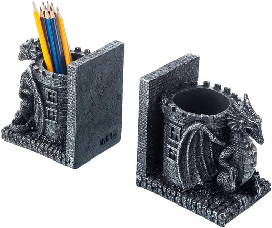 Bookends Dragon, Gothic Black Resin Dragon Guarding Castle Pencil Cup Bookends, Office Desk Book Ends with Decorative Fantasy Dragons and Stone Tower Pen Holders, 1 Pair