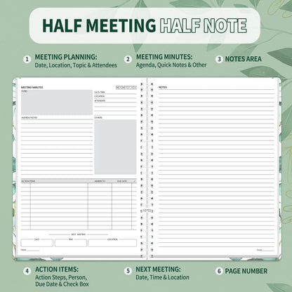 SUNEE Half Meeting Half Note - 7.5"x10" Professional Notebooks for Work - 160 Pages, B5 Size Project Planner, Spiral Meeting Agenda/Minutes Organizer for Women Men, Note Taking, Office & Business