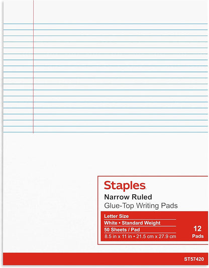 STAPLES Notepads, 8.5” x 11”, Narrow Ruled, White, 50 Sheets/Pad, 12‑Pack
