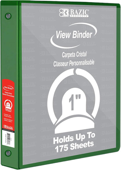 BAZIC Products 3 Ring Binder - Green, Economy View Binder with Clear Overlay Cover and Round Rings, Organizer for School Office Home Use, 1-inch Capacity Holds 175 Sheets Paper, 12-Pack