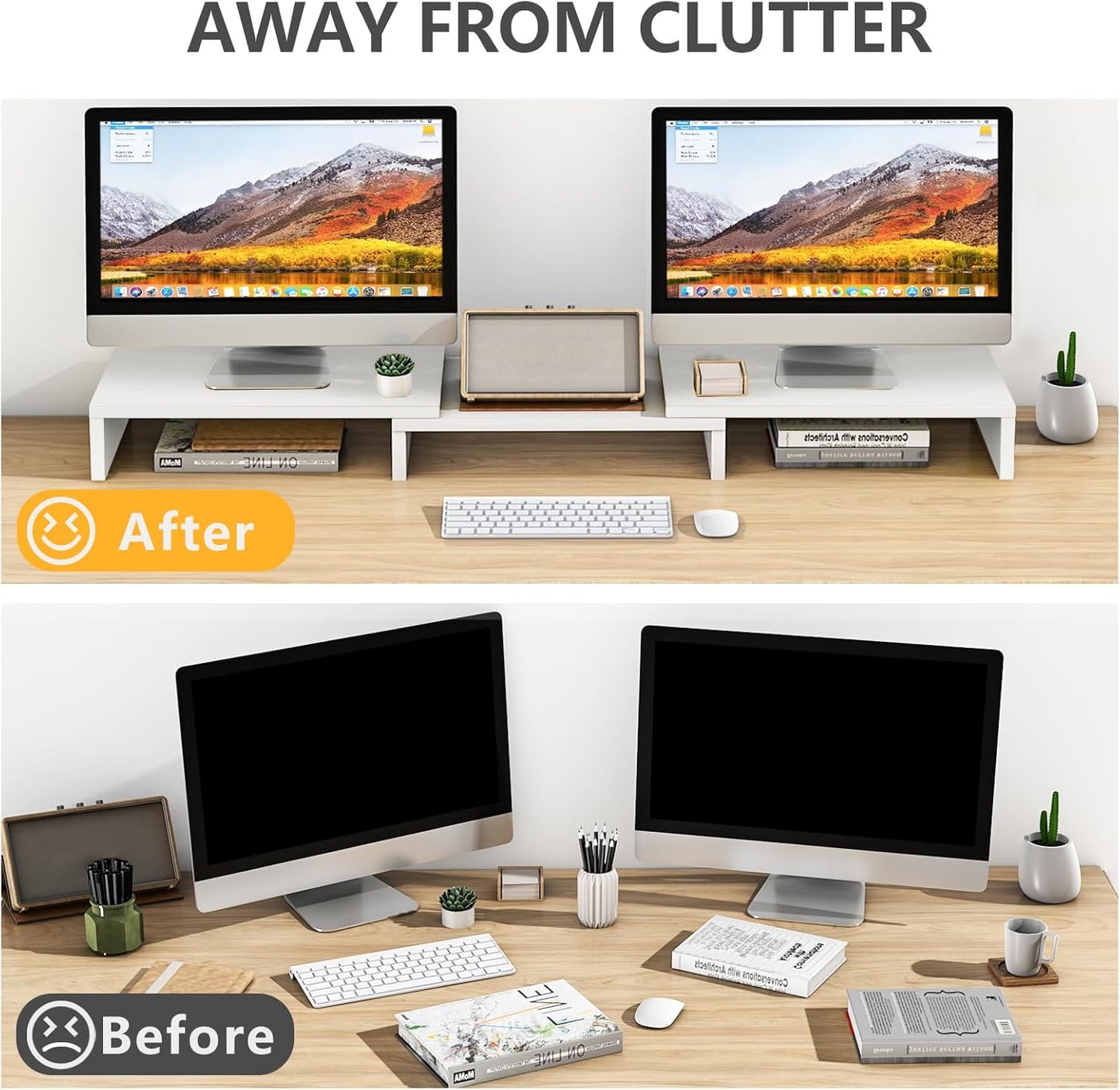 TAVR Dual Monitor Stand Riser Office Desktop Organizer Stand for 2 Monitors, Adjustable Length and Angle 3 Shelf, Extra Long Multifunctional Wooden Stand up to 43.3" fit Computer, Laptop, TV, Black
