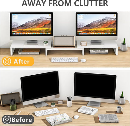 TAVR Dual Monitor Stand Riser Office Desktop Organizer Stand for 2 Monitors, Adjustable Length and Angle 3 Shelf, Extra Long Multifunctional Wooden Stand up to 43.3" fit Computer, Laptop, TV, Black