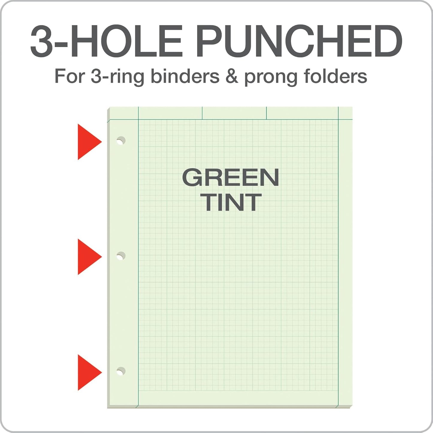 TOPS Engineering Notebooks, Graph Notebooks, 3 Pk Quad Ruled Pad, 8-1/2" x 11", Glue Top, 5 x 5 Graph Rule on Back, Green Tint Paper, 3-Hole Punched, 100 Sheets per Pad (35507A)