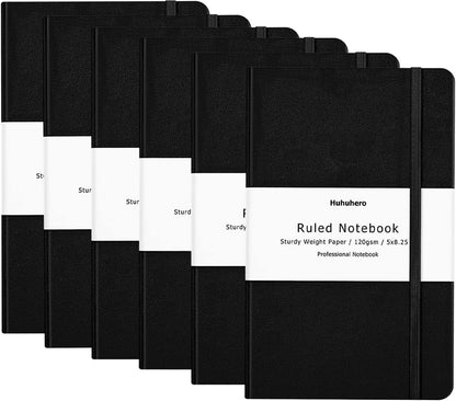Huhuhero 5 Pack Lined Journal Notebooks, Hardcover Notebook for Work School Office, 5"×8.25", 120Gsm Thick Ruled Writing Journals for Note Taking Business, Black