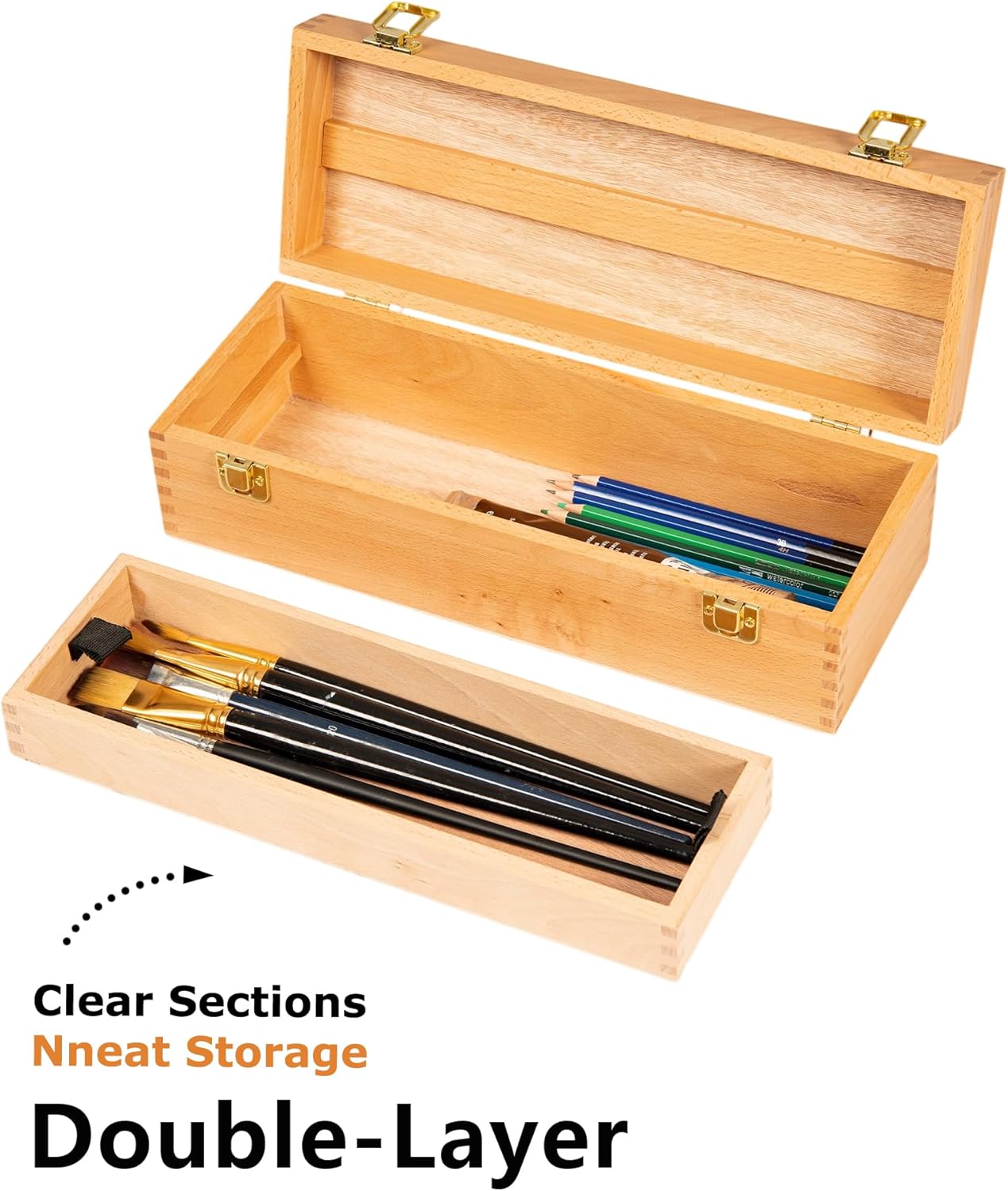 DJAR Multi-Function Artist Tool Box with Locking Clasps, Removable Tray Wooden Art Supply Box for Brushes, Pencils, Erasers,Artist Supplies Storage Organizer, Walnut