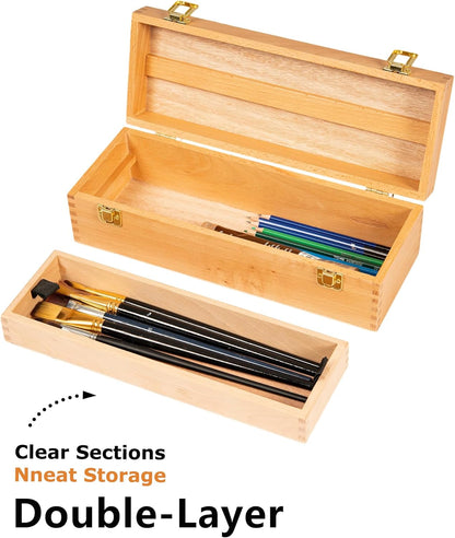 DJAR Multi-Function Artist Tool Box with Locking Clasps, Removable Tray Wooden Art Supply Box for Brushes, Pencils, Erasers,Artist Supplies Storage Organizer, Walnut