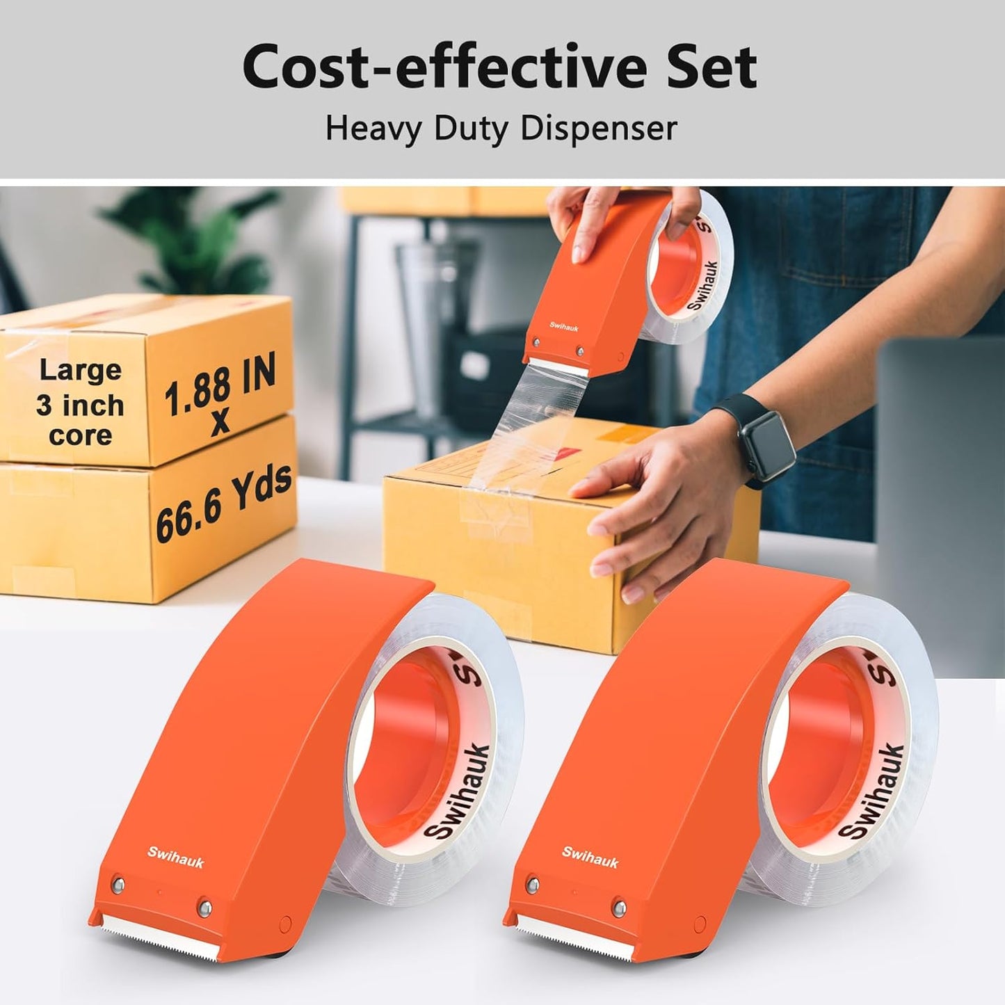 Swihauk 1.88 in x 66.6 YDs Heavy Duty Packing Tape with Dispenser, Strong & Durable Shipping Tape, Packaging Tape, Clear Package Tape for Shipping Moving Storage and Mailing, 1 Roll + 1 Dispenser