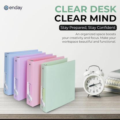 Enday 3 Ring Binder 1 inch (4 Pack) Pastel Flexible Binders Round Ring with Pocket, Holds 175 Sheets, for Home and School Supplies in Blue, Purple, Pink and Green – by Enday