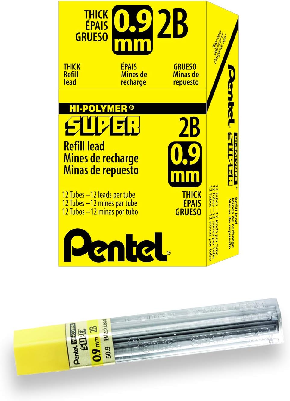 Pentel Super Hi-Polymer Lead Refill, (0.9mm) Thick, 2B, 180 Pieces of Lead, 12 Tubes of Lead (50-9-2B)