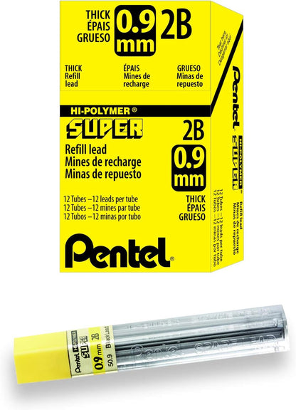 Pentel Super Hi-Polymer Lead Refill, (0.9mm) Thick, 2B, 180 Pieces of Lead, 12 Tubes of Lead (50-9-2B)