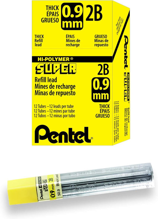 Pentel Super Hi-Polymer Lead Refill, (0.9mm) Thick, 2B, 180 Pieces of Lead, 12 Tubes of Lead (50-9-2B)