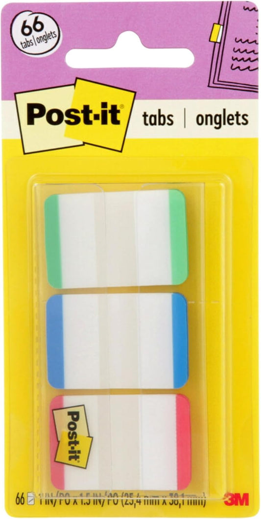 Post-it Sticky Tabs, 1 in. x 1.5 in., 3 Pads of Book Tabs in Assorted Primary Colors for Bookmarking, Annotating, Reading, and Reminders, Green, Blue, and Red Colors (66 Total Count)