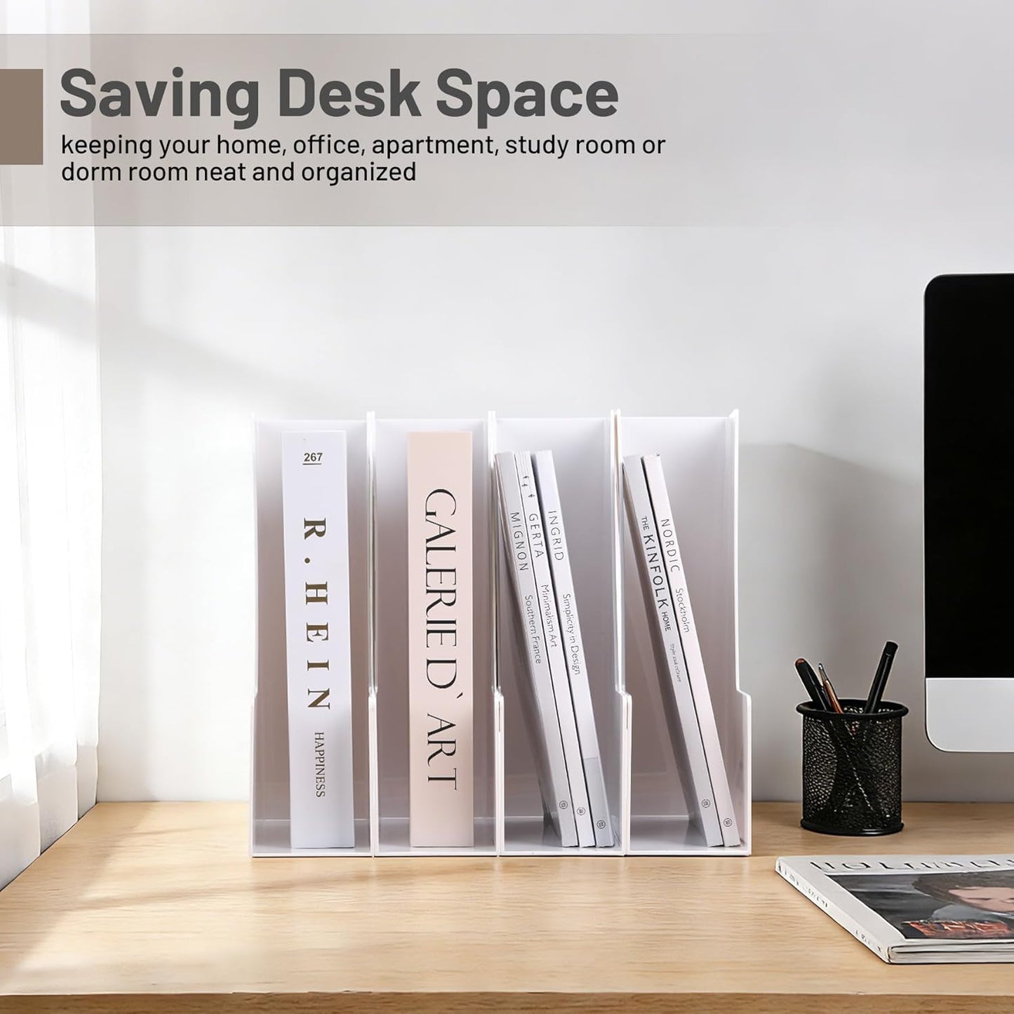 CiWiVOKi Vertical Magazine File Holder, Desk Organizer and Storage for Magazines, Binders, Notebooks, Envelopes, Multi-Purpose Desktop File Organizer for Home, Office & Classroom, 4 Pack, White