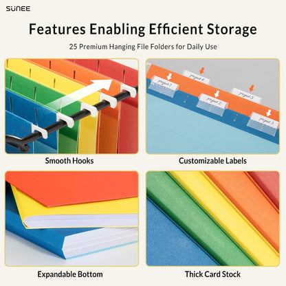 SUNEE Hanging File Folders, 25 Pack Letter Size Hanging File Folders with 1/5-Cut Tabs, Ideal for Home and Office Organization and Papers Classification,Yellow