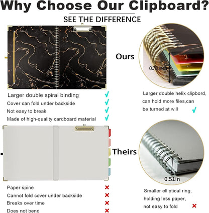 Clipboard Folio with Refillable Notepads, Marble Clipfolio with 5 Dividers with 10 Pockets, Spiral Clipboard Folder Design for School, Office, Work, Teacher, Students, Nurses (Black, 9.4 x 12.8)