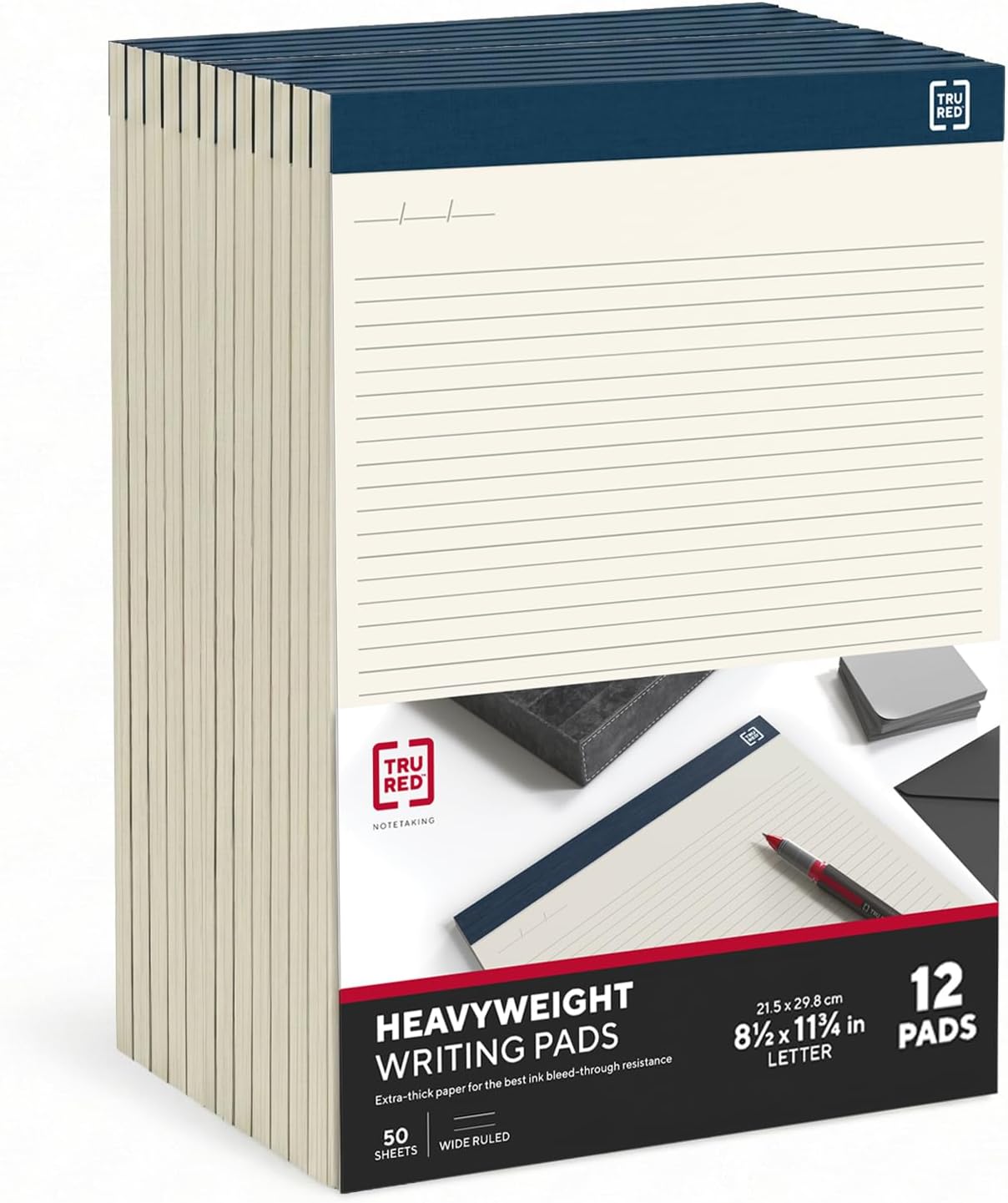 TRU RED Notepads, 8.5” x 11.75”, Narrow Ruled, Ivory, Perforated, 12‑Pack
