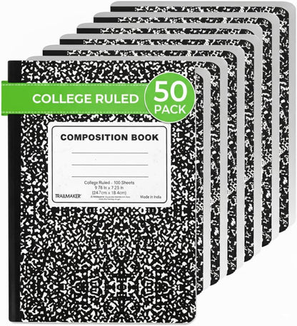 Trail maker Bulk Composition Notebooks (50 Pack), College Ruled Marble Cover, 200 Pages (100 Sheets), 9.75 x 7.5, Bulk School Supplies for Classroom, Office & School Donations