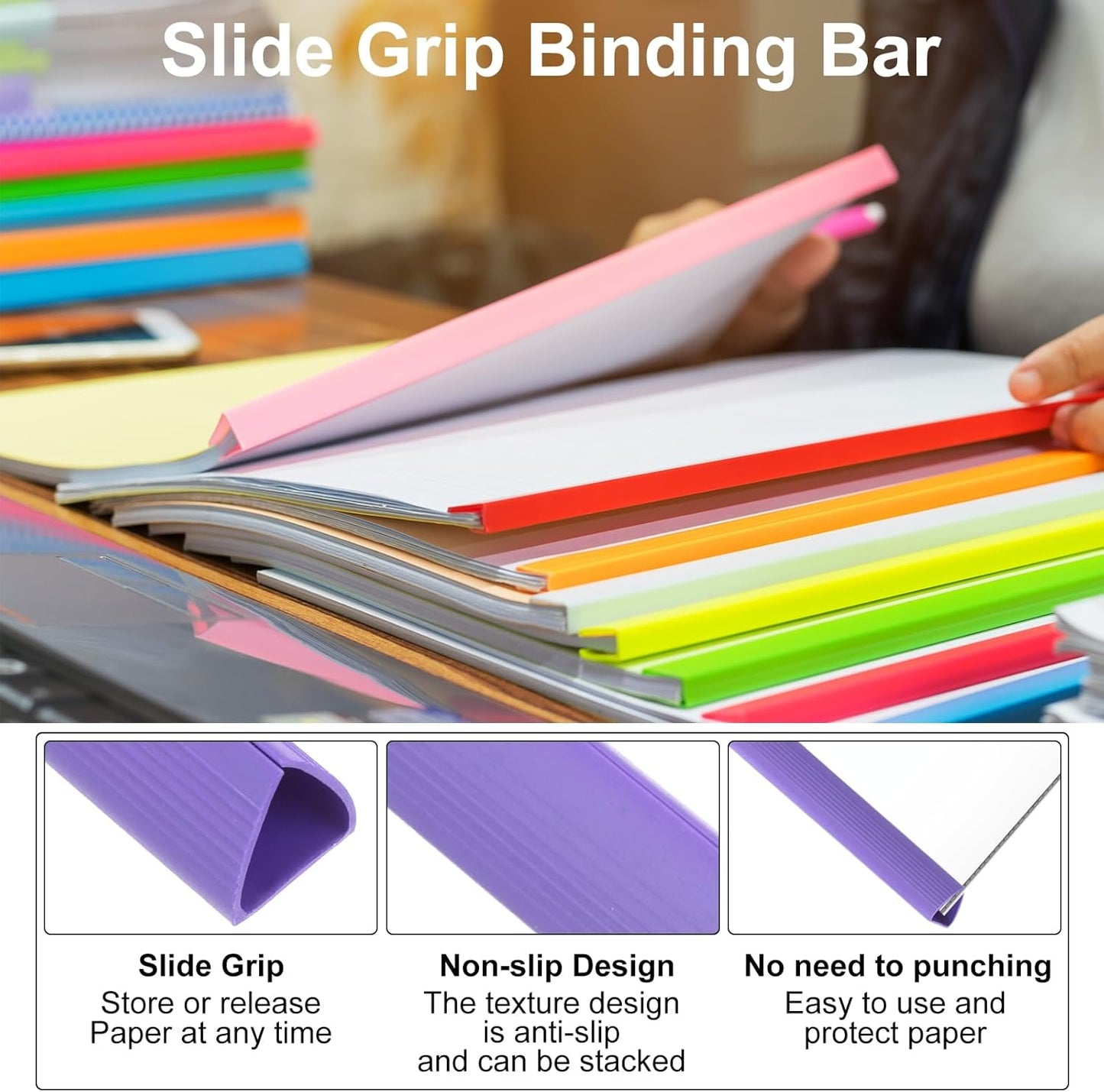 PATIKIL 10Pcs Binding Bars, 15mm Binding Bars Slide Grip 120 Sheets Capacity A4 Size Report Binder Triangle Presentation Binder for Report Cover Resume, Blue