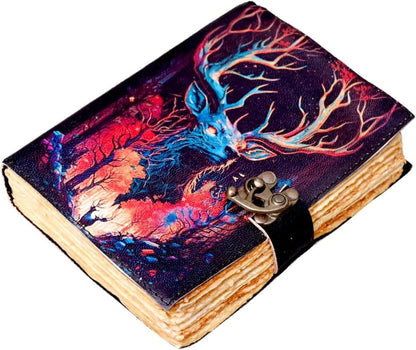 Stag Deer Leather Journal with Lock 7x5 Inch | Handmade Gothic Forest Notebook | 200 Pages 150 GSM Recycled Paper | Pagan Fantasy Grimoire Diary Gift for Men Women