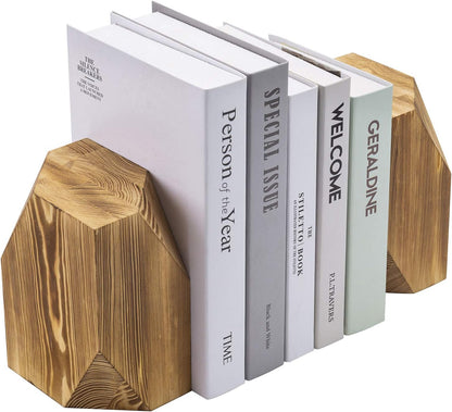 MyGift Brass Wood Decorative Bookends Triangular Design, Office Desk Wooden Book Ends, Book Stand for Shelves with Tone Ring Accent, Rustic Burnt