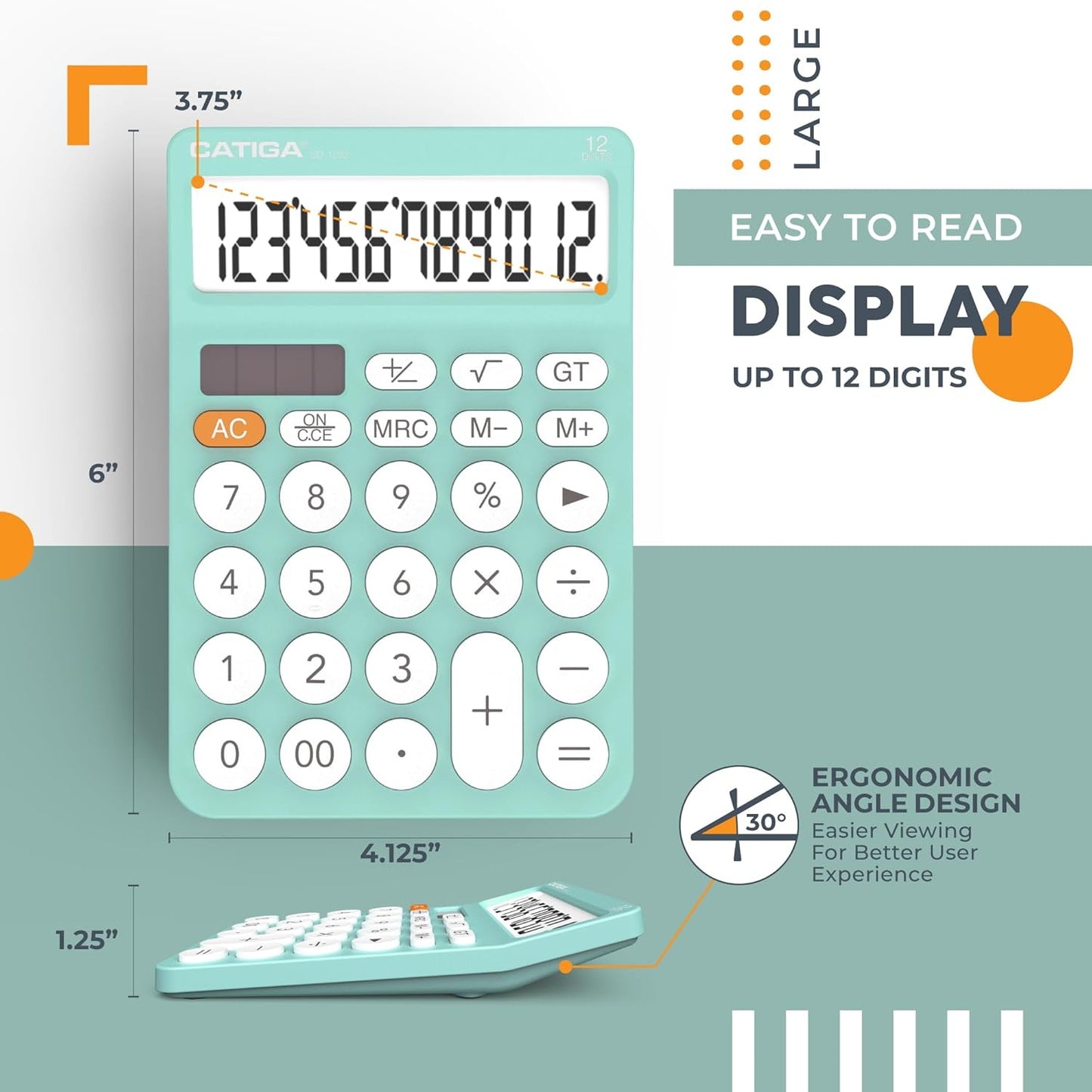 CATIGA 12 Digit Desktop Calculator Basic Desk Calculator with Large LCD Display, Big Buttons, 4 Function, Solar and Battery Dual Power, for Office, School, Home, SD-1292 Green