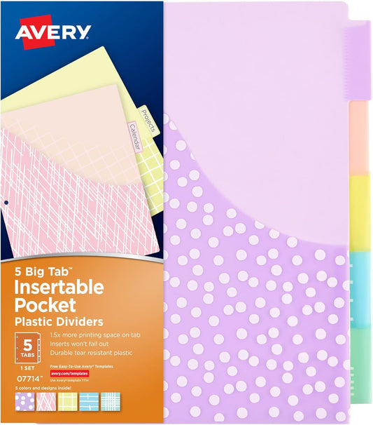 Avery Dividers for 3 Ring Binders, 5 Tab Plastic Binder Dividers, Pockets, Insertable Big Tabs, Pastel Classic Designs, Extend Beyond Sheet Protectors, 3 Sets (11255)