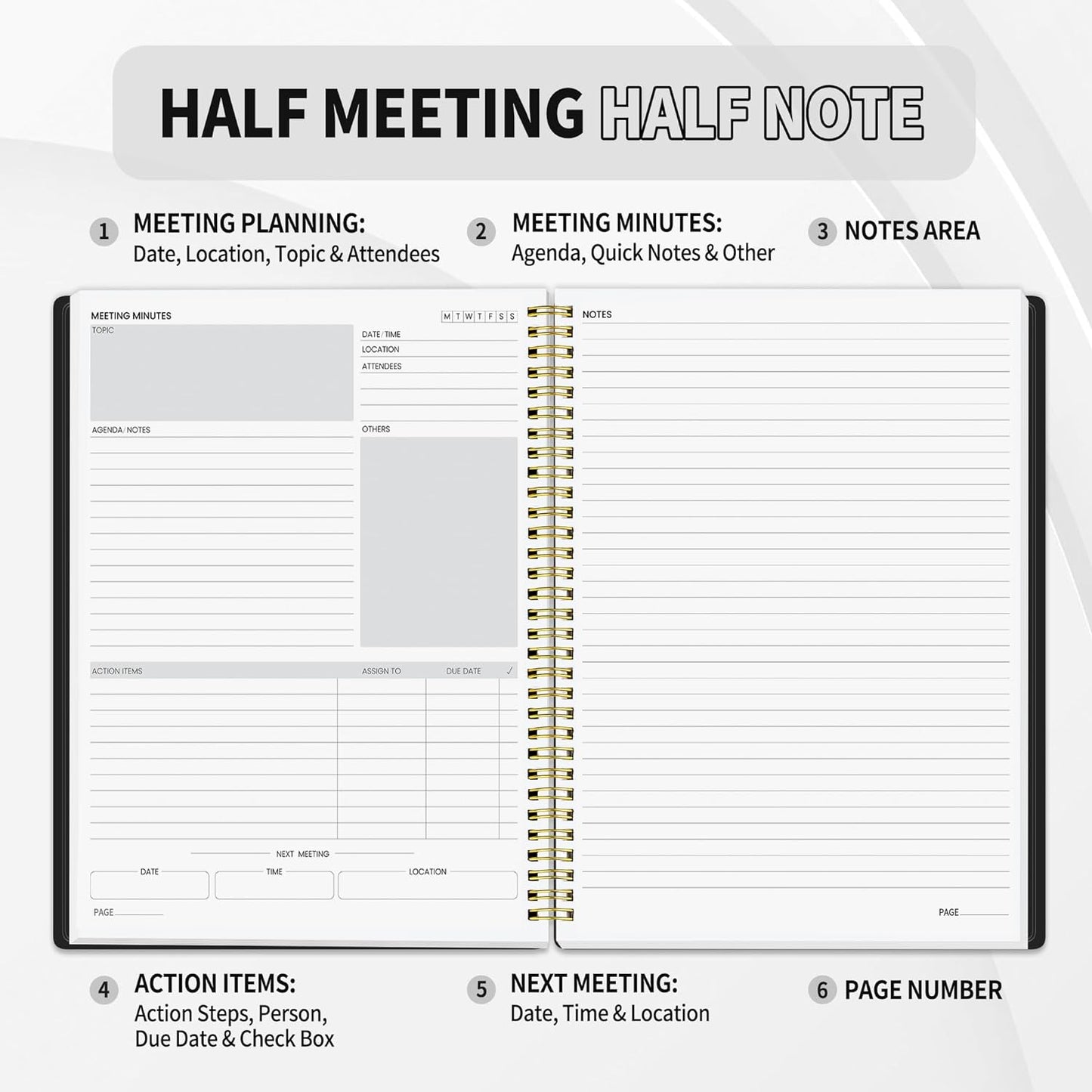 SUNEE Half Meeting Half Note - 7.5"x10" Professional Notebooks for Work - 160 Pages, B5 Size Project Planner, Spiral Meeting Agenda/Minutes Organizer for Women Men, Note Taking, Office & Business