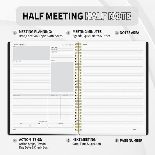 SUNEE Half Meeting Half Note - 7.5"x10" Professional Notebooks for Work - 160 Pages, B5 Size Project Planner, Spiral Meeting Agenda/Minutes Organizer for Women Men, Note Taking, Office & Business